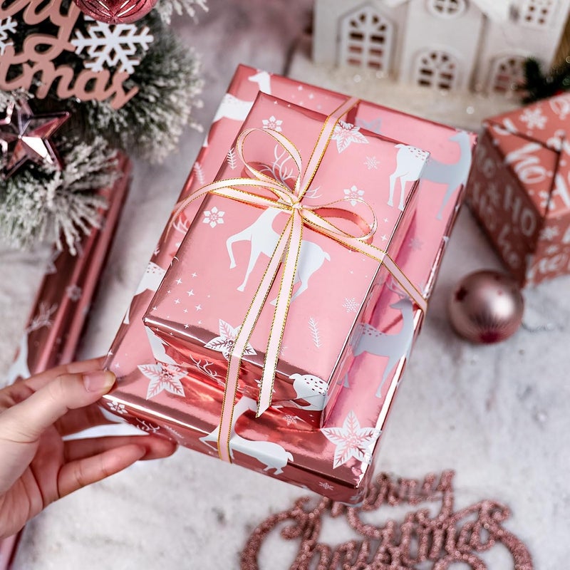 Retrify Christmas Wrapping Paper Roll - 17 Inches x 32.8 Feet - Metallic Pink Reindeer HO Lettering Mini Roll Gift Wrap Paper for Winter Holiday Festive Party Celebrations - Image 3